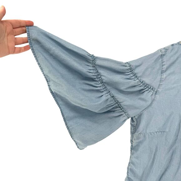 J. Jill Denim Blue Chambray Tiered Ruffle Bell Sleeve Blouse Top XLP Beachy READ - Picture 8 of 16